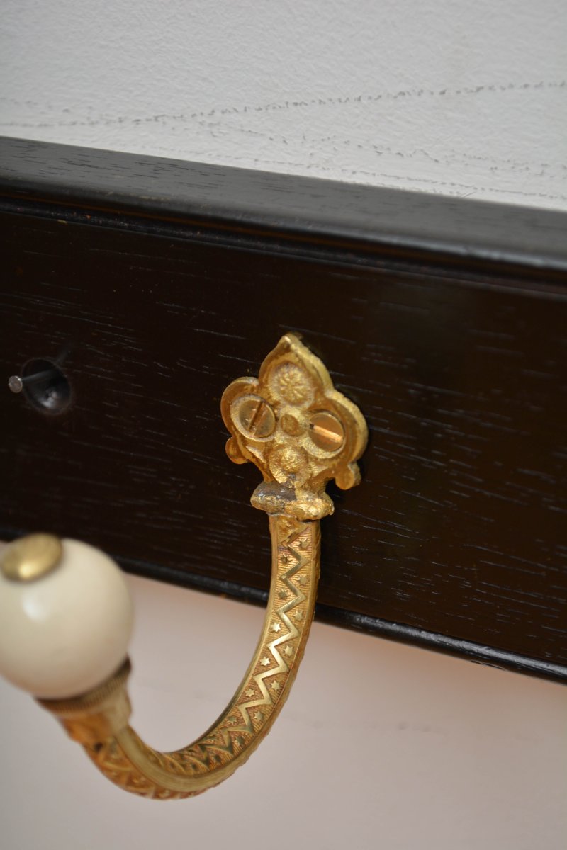 Pair Of Antique Victorian Ebonised Brass And Ceramic Coat Rack Coat Hooks - Image 9